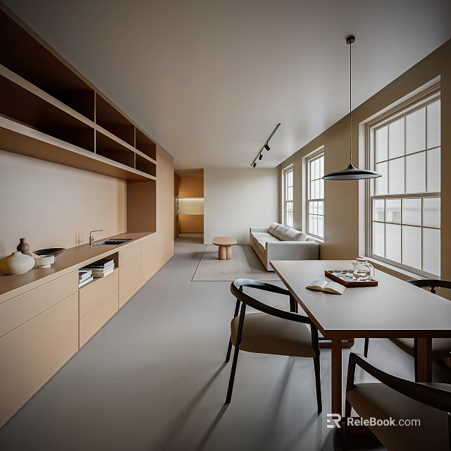 Modern Living Room Interior Design With Open Layout Sofa Long Countertop And Large Windows 3d model