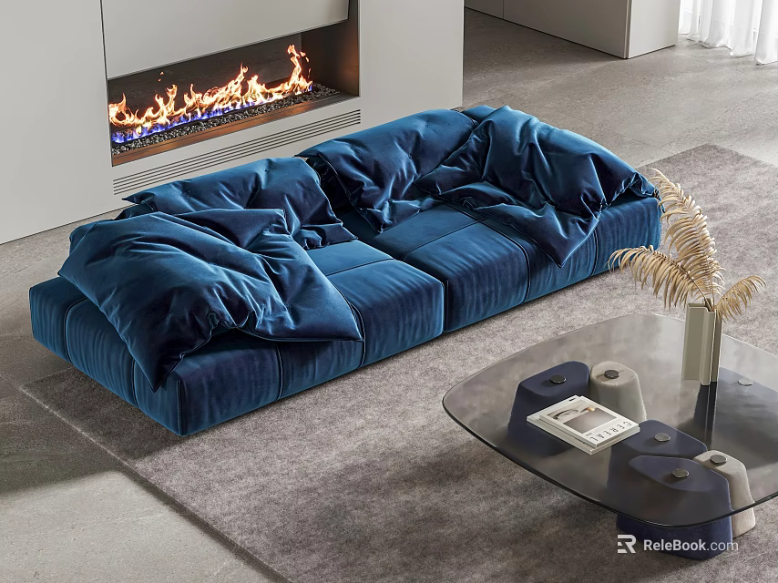 Blue Velvet Sectional Sofa In Modern Living Room With Fireplace And Glass Coffee Table 3d model 