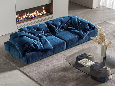 Blue Velvet Sectional Sofa In Modern Living Room With Fireplace And Glass Coffee Table 3d model