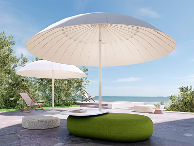 Outdoor White Sunshade on Terrace With Sea View Green Plants Lounge Chairs and Comfortable Seating 3d model