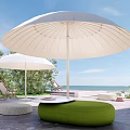 Outdoor White Sunshade on Terrace With Sea View Green Plants Lounge Chairs and Comfortable Seating