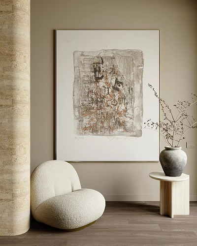 Abstract Painting on Beige Wall With Beige Chair Round Side Table Vase And Dried Branches 3d model