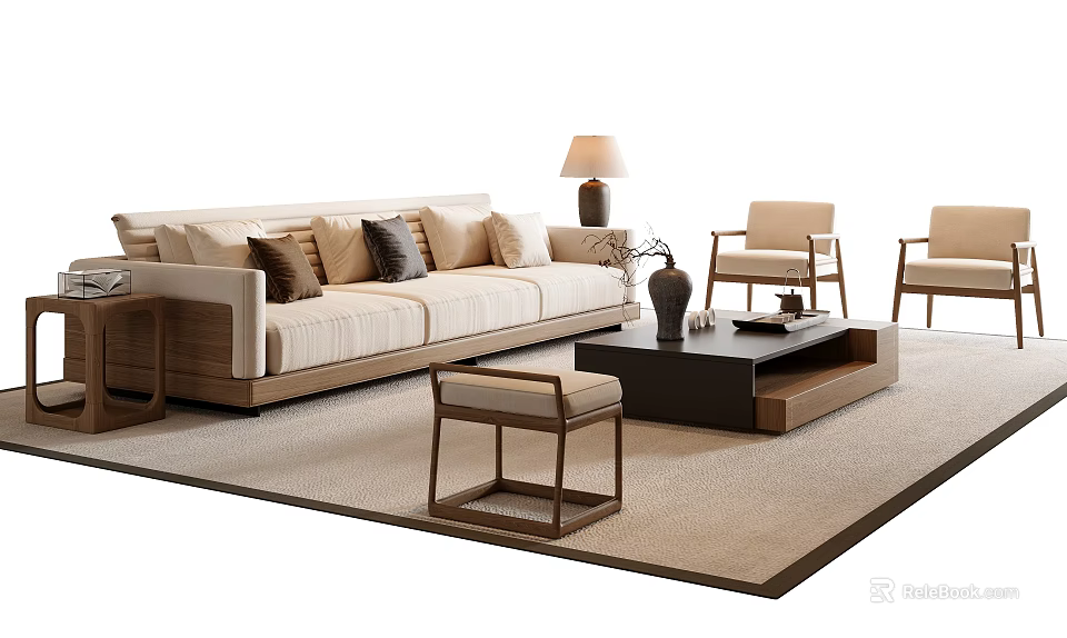 Modern Living Room Sofa Coffee Table Set With Cushions Chairs Floor Lamp And Rug 3d model 