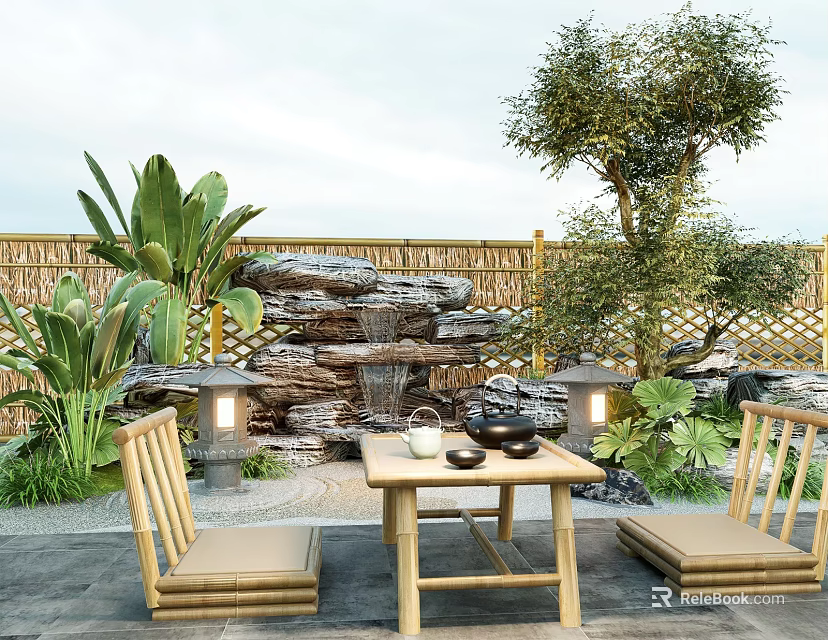 Rockery Stones With Waterfall Bamboo Fence And Plants In Natural Outdoor Garden With Table Chairs 3d model 