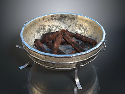 Vintage Metal Brazier Household Item with Burning Logs and Metal Stand 3d model