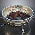 Vintage Metal Brazier Household Item with Burning Logs and Metal Stand