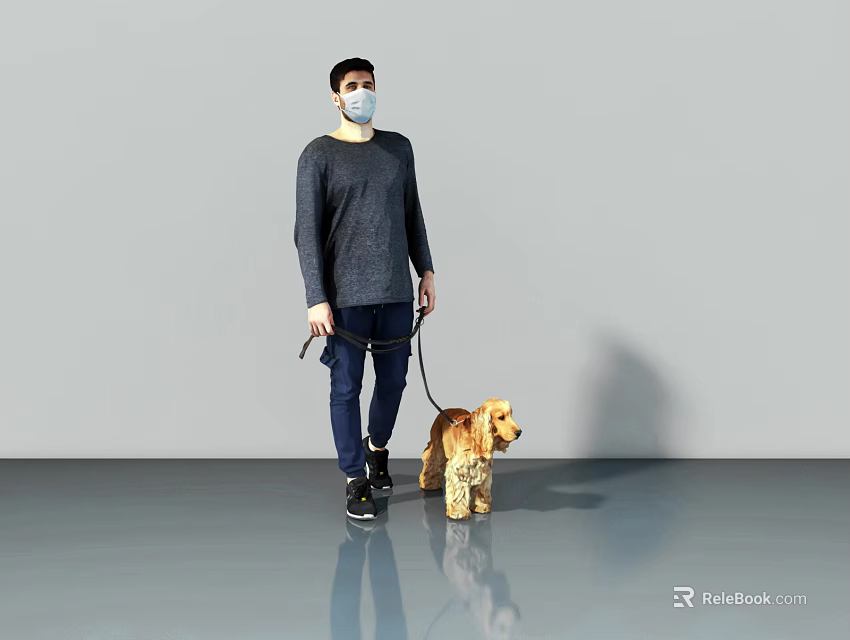 Man Wearing Mask Walking Golden Dog On Grey Floor With Shadow 3d model 