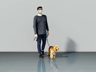 Man Wearing Mask Walking Golden Dog On Grey Floor With Shadow 3d model