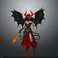 Fantasy Demoness With Red Horns Black Wings Red Skirt Tail And Flaming Torch