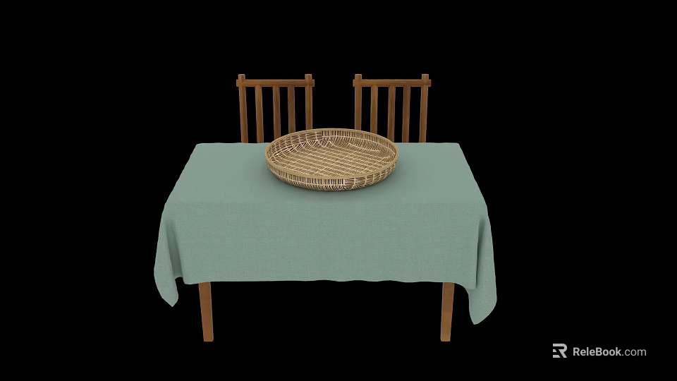 Simple Dining Table With Light Green Tablecloth Wicker Basket And Wooden Chairs 3d model 
