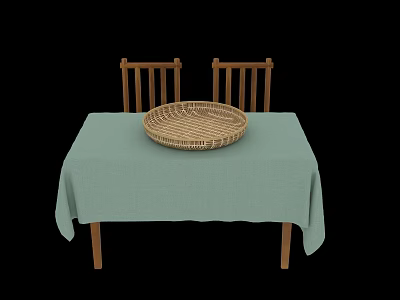 Simple Dining Table With Light Green Tablecloth Wicker Basket And Wooden Chairs 3d model