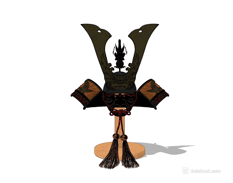 Traditional Japanese Samurai Helmet With Ornamental Details And Wooden Stand 3d model 