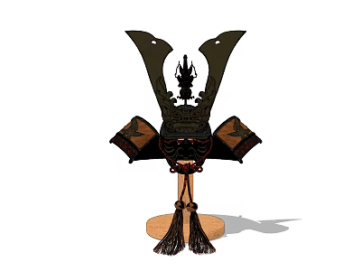Traditional Japanese Samurai Helmet With Ornamental Details And Wooden Stand 3d model