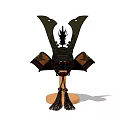 Traditional Japanese Samurai Helmet With Ornamental Details And Wooden Stand