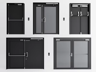 Various Black Door Designs Including Single Double With Glass Panels And Push Bars 3d model