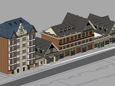 European Style Commercial Complex Featuring Multi Storey Buildings Tiled Roofs And Ground Floor Shops 3d model