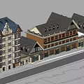 European Style Commercial Complex Featuring Multi Storey Buildings Tiled Roofs And Ground Floor Shops