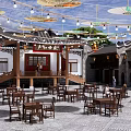 Ancient Architecture Traditional Stage With Hanging Lanterns Oil Paper Umbrellas And Tables Under Night Sky