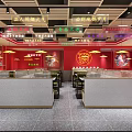Stylish Red Restaurant Interior Featuring Large Decorative Painting Dining Tables And Counter 3d model