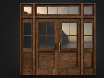 Traditional Wooden Hinged Double Doors With Glass Panels And Brass Handles 3d model