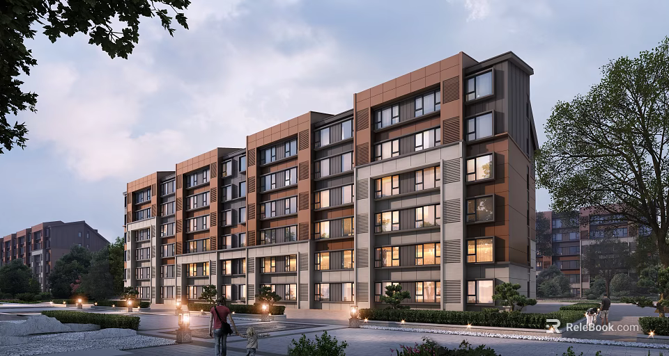 Modern Multi Storey Residential Building With Brown And Gray Exterior Greenery And Street Lamps 3d model 