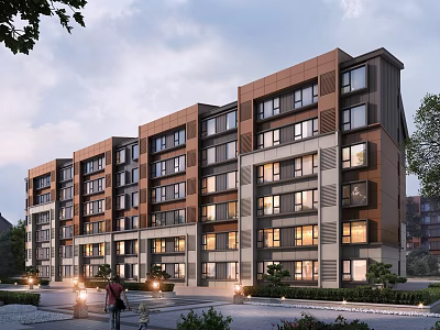Modern Multi Storey Residential Building With Brown And Gray Exterior Greenery And Street Lamps 3d model
