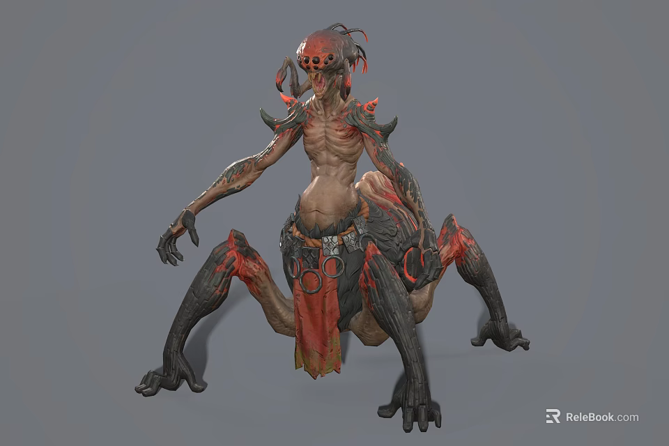 Game Cinematic Monster Character With Red Black Skin Skeletal Features Horns And Ornamental Waist 3d model 