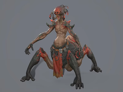 Game Cinematic Monster Character With Red Black Skin Skeletal Features Horns And Ornamental Waist 3d model