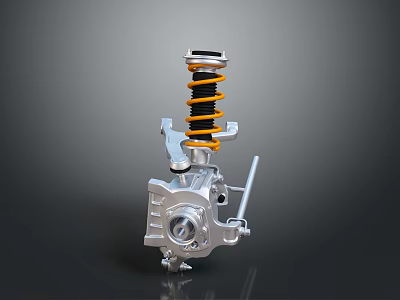 Silver Metal Shock Absorber 3D Model Featuring Yellow Black Spring And Gray Background 3d model