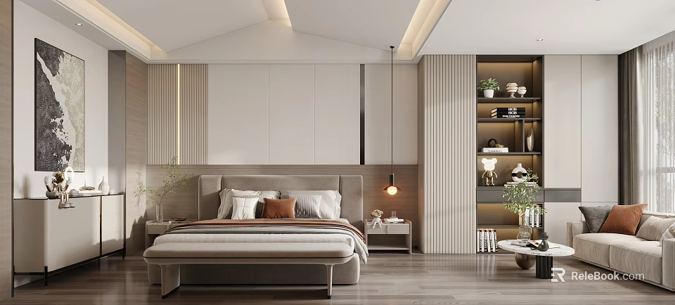 Elegant Modern Bedroom Interior With Minimalist Headboard Pillows Ceiling Light Strips And Display Shelf 3d model 