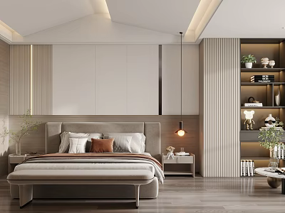 Elegant Modern Bedroom Interior With Minimalist Headboard Pillows Ceiling Light Strips And Display Shelf 3d model