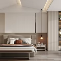 Elegant Modern Bedroom Interior With Minimalist Headboard Pillows Ceiling Light Strips And Display Shelf