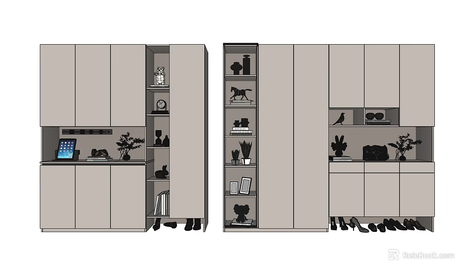 Modern Shoe Cabinet Design With Storage Compartments And Decorative Items 3d model