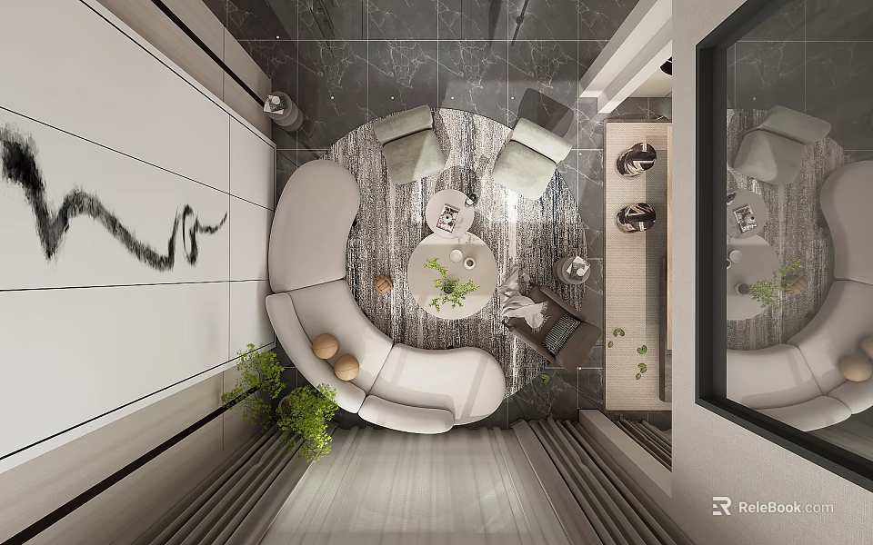 Modern Duplex Living Room With White Curved Sofa Circular Rug And Abstract Wall Art 3d model 