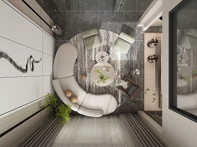 Modern Duplex Living Room With White Curved Sofa Circular Rug And Abstract Wall Art 3d model