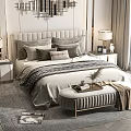 Elegant Modern Double Bed With Upholstered Headboard Pillows Throw Blanket Bedside Lamps And Bench