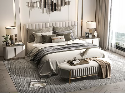Elegant Modern Double Bed With Upholstered Headboard Pillows Throw Blanket Bedside Lamps And Bench 3d model
