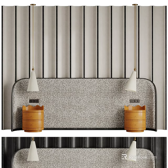 Modern Bed Background Wall With Vertical Striped Upholstery And Pendant Lights 3d model 