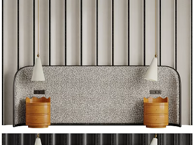 Modern Bed Background Wall With Vertical Striped Upholstery And Pendant Lights 3d model