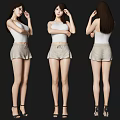 Woman in White Tank Top Beige Shorts and High Heels Three Views