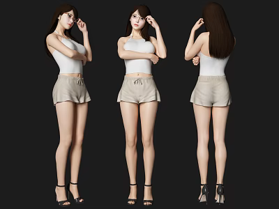 Woman in White Tank Top Beige Shorts and High Heels Three Views 3d model