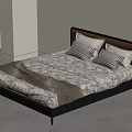 Modern Double Bed with Brown Headboard Patterned Bedspread and Pillows in Minimalist Bedroom
