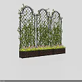 Potted Plants On Arched Lattice With Green Vines And Colorful Flowers In Brown Geometric Planter