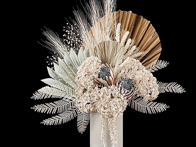 Natural Dried Flower Arrangement In White Vase With Palm Leaves Wheat And Feathery Foliage 3d model