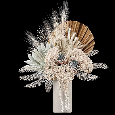 Natural Dried Flower Arrangement In White Vase With Palm Leaves Wheat And Feathery Foliage 3d model