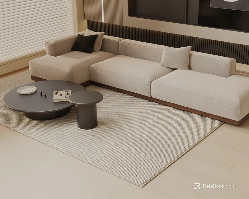 Modern Minimalist Three-Seater Sofa With Light Beige Upholstery Wooden Frame Coffee Table Rug And Cushions 3d model 