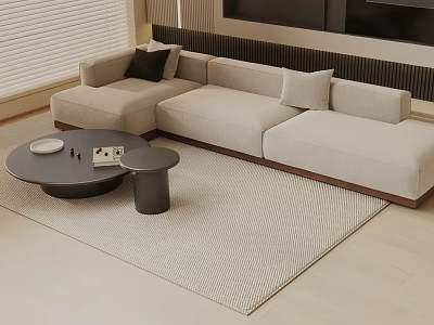 Modern Minimalist Three-Seater Sofa With Light Beige Upholstery Wooden Frame Coffee Table Rug And Cushions 3d model