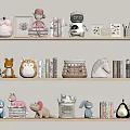 Various Stuffed Dolls Display on Shelves With Books Photo Frames and Decorative Baskets