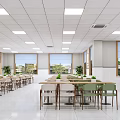 Bright Modern Dining Hall Interior With Large Windows Tables Chairs And Plants 3d model