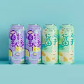 Fruit Flavored Canned Beverages With Purple And Light Green Packaging Design